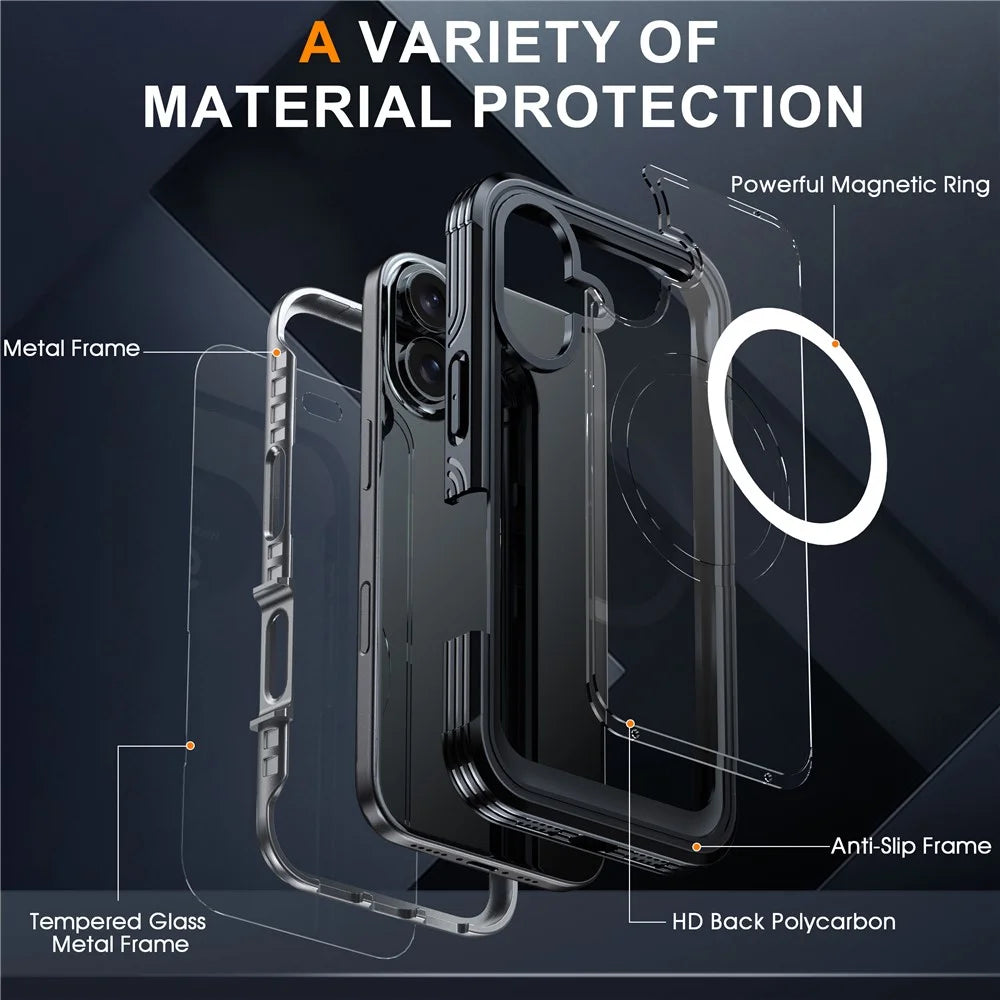 For iPhone 16 Plus Magnetic Case with Screen Film Full Protection PC + TPU Phone Cover - Black  /  Grey - 4