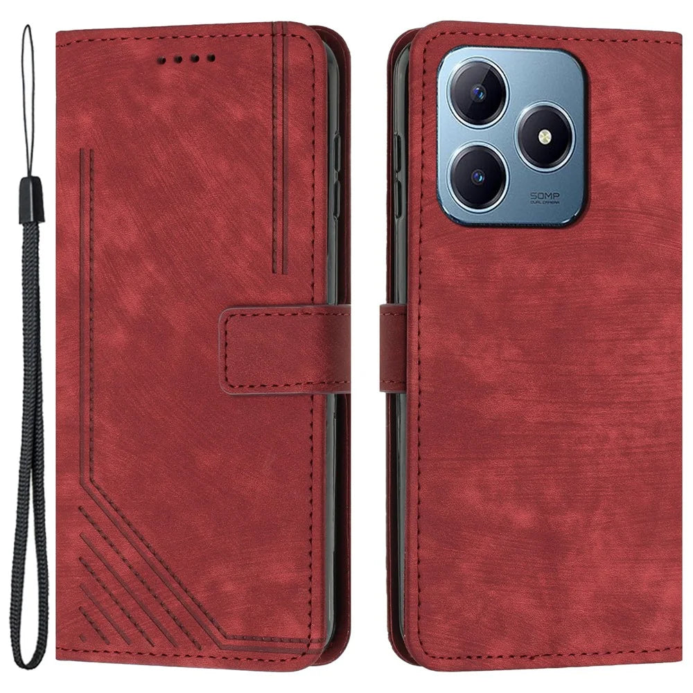 For Realme Note 60x 4G / C63 4G / C61 4G / Note 60 Case Lines Imprinted PU Leather Wallet Stand Phone Cover - Red - 1