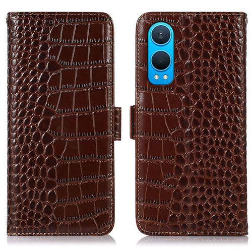 For OnePlus Nord CE4 Lite 5G / Oppo K12x 5G (China) Case Genuine Cow Leather RFID Blocking Wallet Cover - Brown - 1