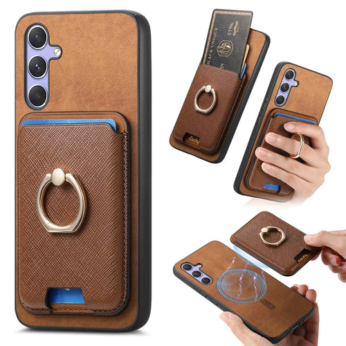 For Samsung Galaxy A34 5G Magnetic Phone Case Leather+TPU Cover Ring Kickstand - Brown - 1