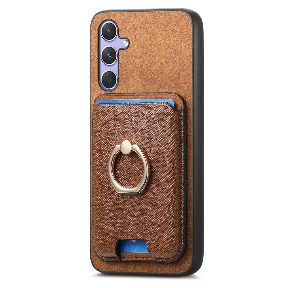For Samsung Galaxy A34 5G Magnetic Phone Case Leather+TPU Cover Ring Kickstand - Brown - 2