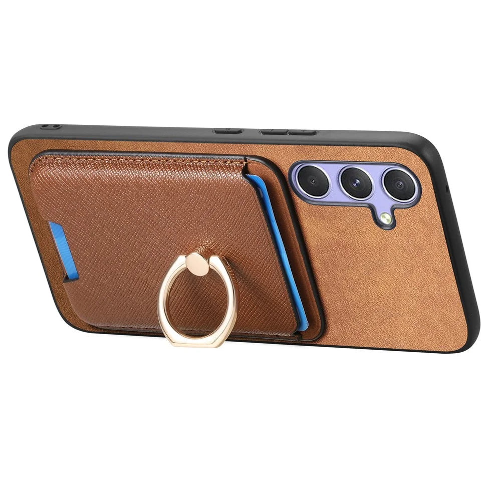 For Samsung Galaxy A34 5G Magnetic Phone Case Leather+TPU Cover Ring Kickstand - Brown - 3