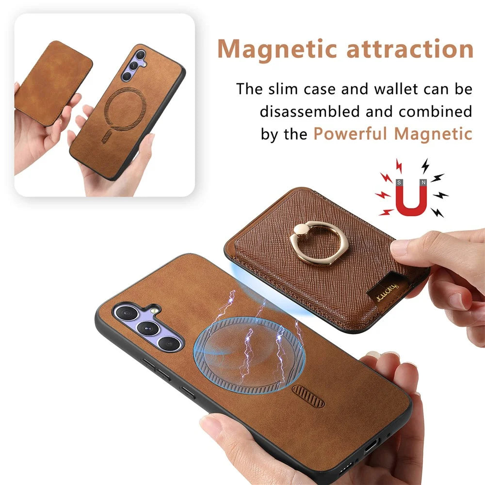 For Samsung Galaxy A34 5G Magnetic Phone Case Leather+TPU Cover Ring Kickstand - Brown - 4