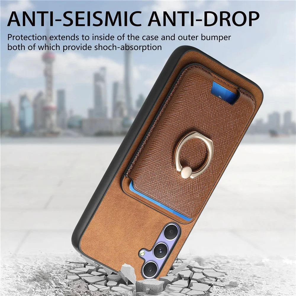 For Samsung Galaxy A34 5G Magnetic Phone Case Leather+TPU Cover Ring Kickstand - Brown - 5
