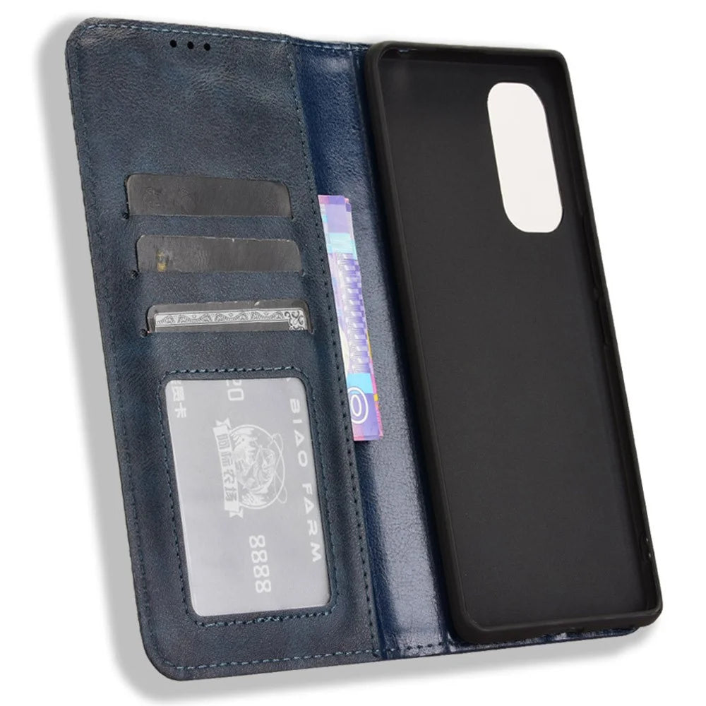 For HTC U24 Pro 5G Case Retro PU Leather Wallet Phone Cover Stand - Blue - 5