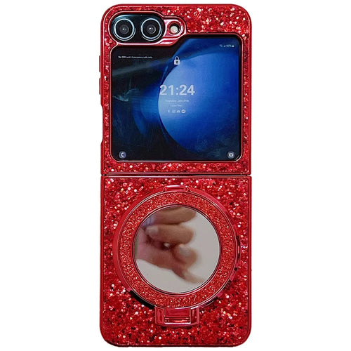 For Samsung Galaxy Z Flip7 FE 5G / Z Flip6 5G Case TPU+PC Kickstand Phone Cover with Mirror - Red - 1