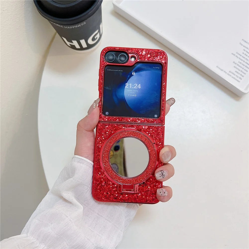For Samsung Galaxy Z Flip7 FE 5G / Z Flip6 5G Case TPU+PC Kickstand Phone Cover with Mirror - Red - 2