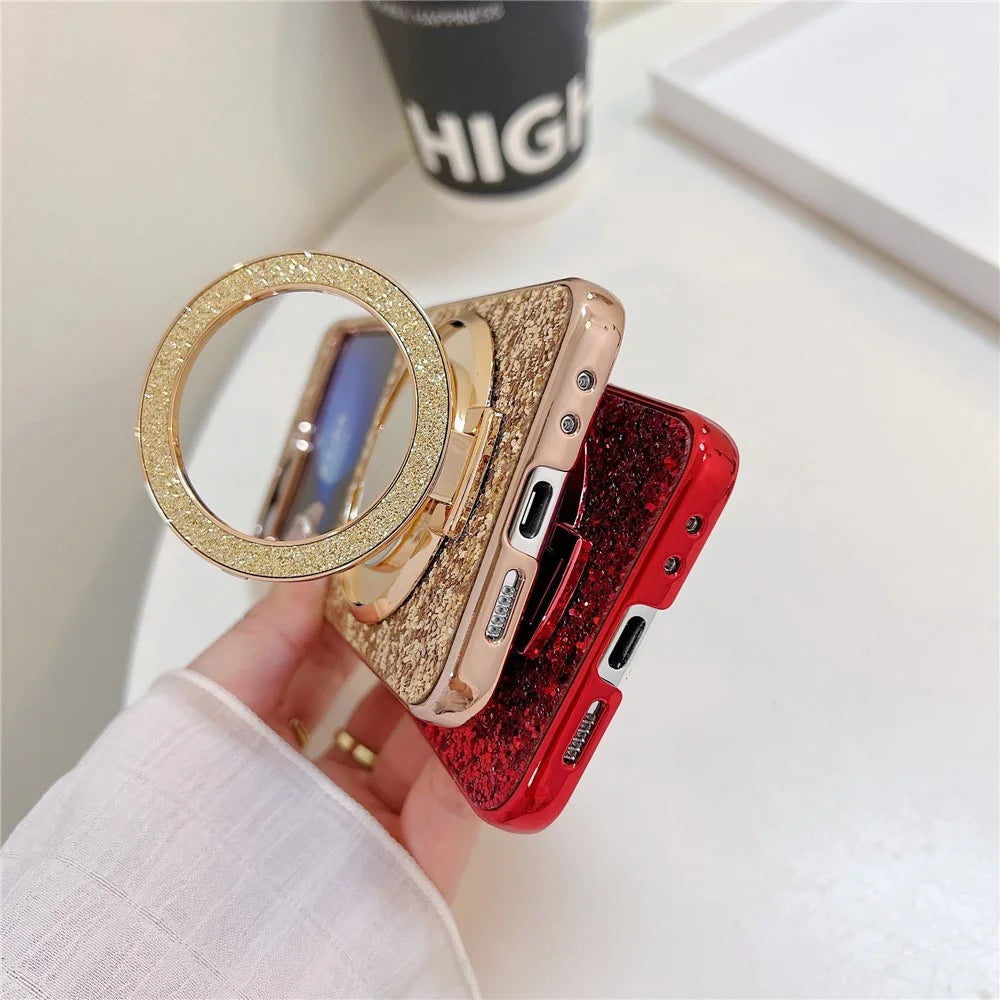 For Samsung Galaxy Z Flip7 FE 5G / Z Flip6 5G Case TPU+PC Kickstand Phone Cover with Mirror - Red - 5