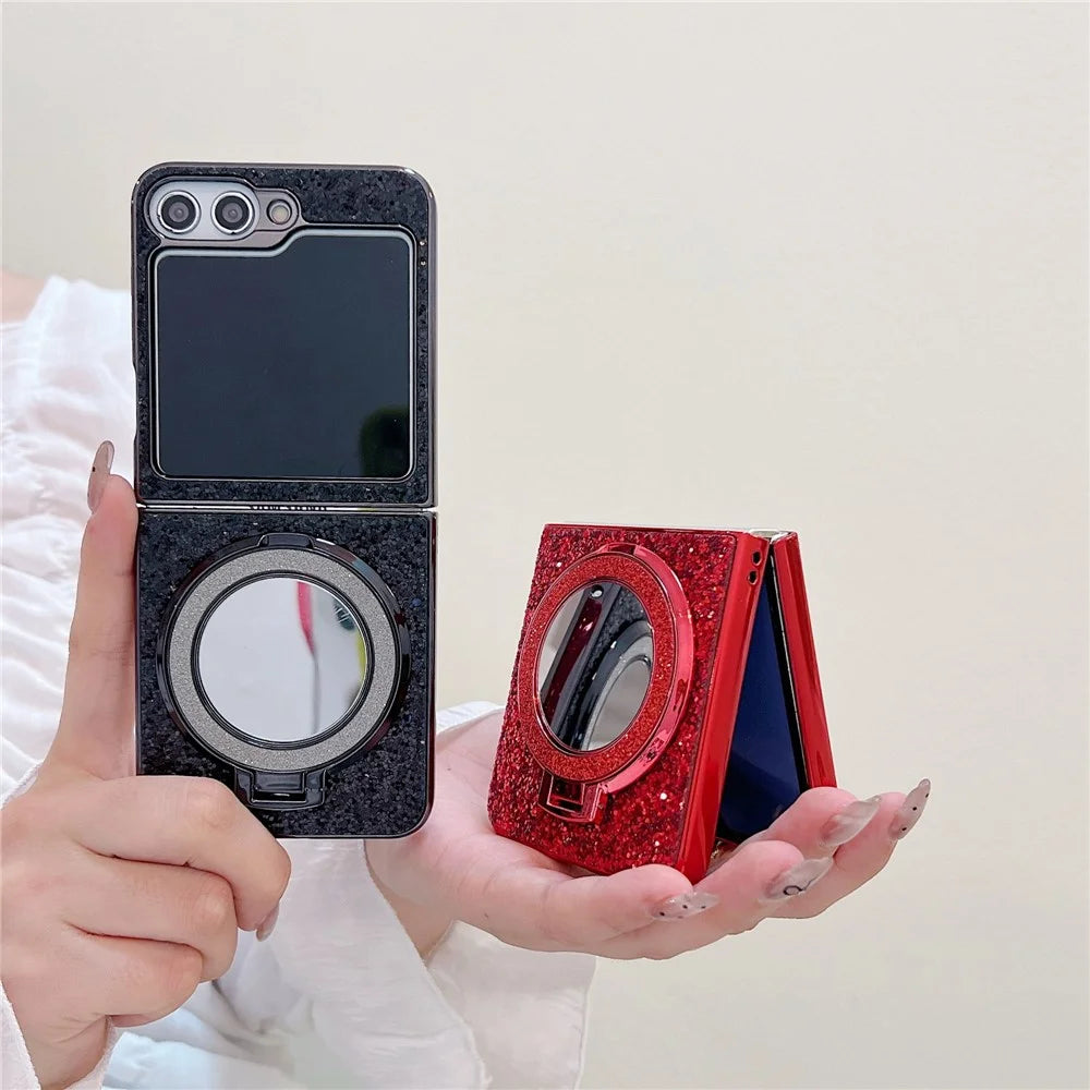 For Samsung Galaxy Z Flip7 FE 5G / Z Flip6 5G Case TPU+PC Kickstand Phone Cover with Mirror - Red - 6