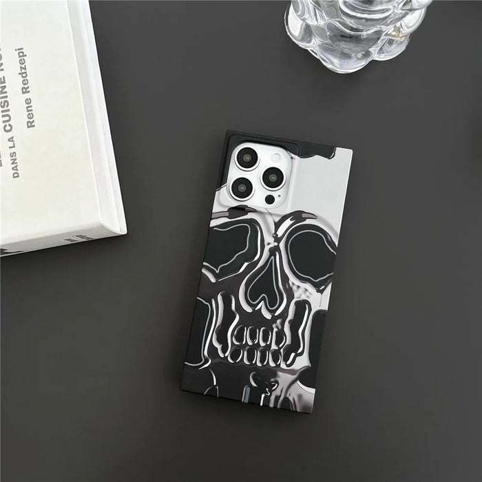 For iPhone 15 Pro Max Square Case Pattern Matte TPU Phone Cover - Titanium Grey Skull - 2