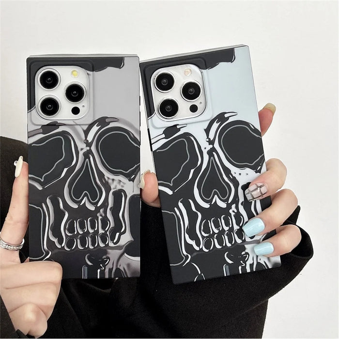 For iPhone 15 Pro Max Square Case Pattern Matte TPU Phone Cover - Titanium Grey Skull - 7