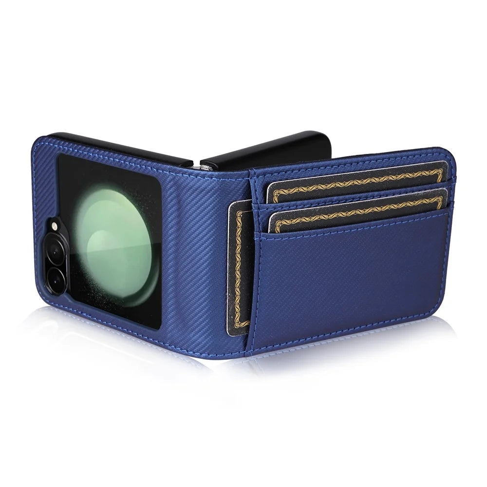 For Samsung Galaxy Z Flip7 FE 5G / Z Flip6 5G PU Leather+PC Phone Case Card Holder Mobile Phone Cover - Blue - 5