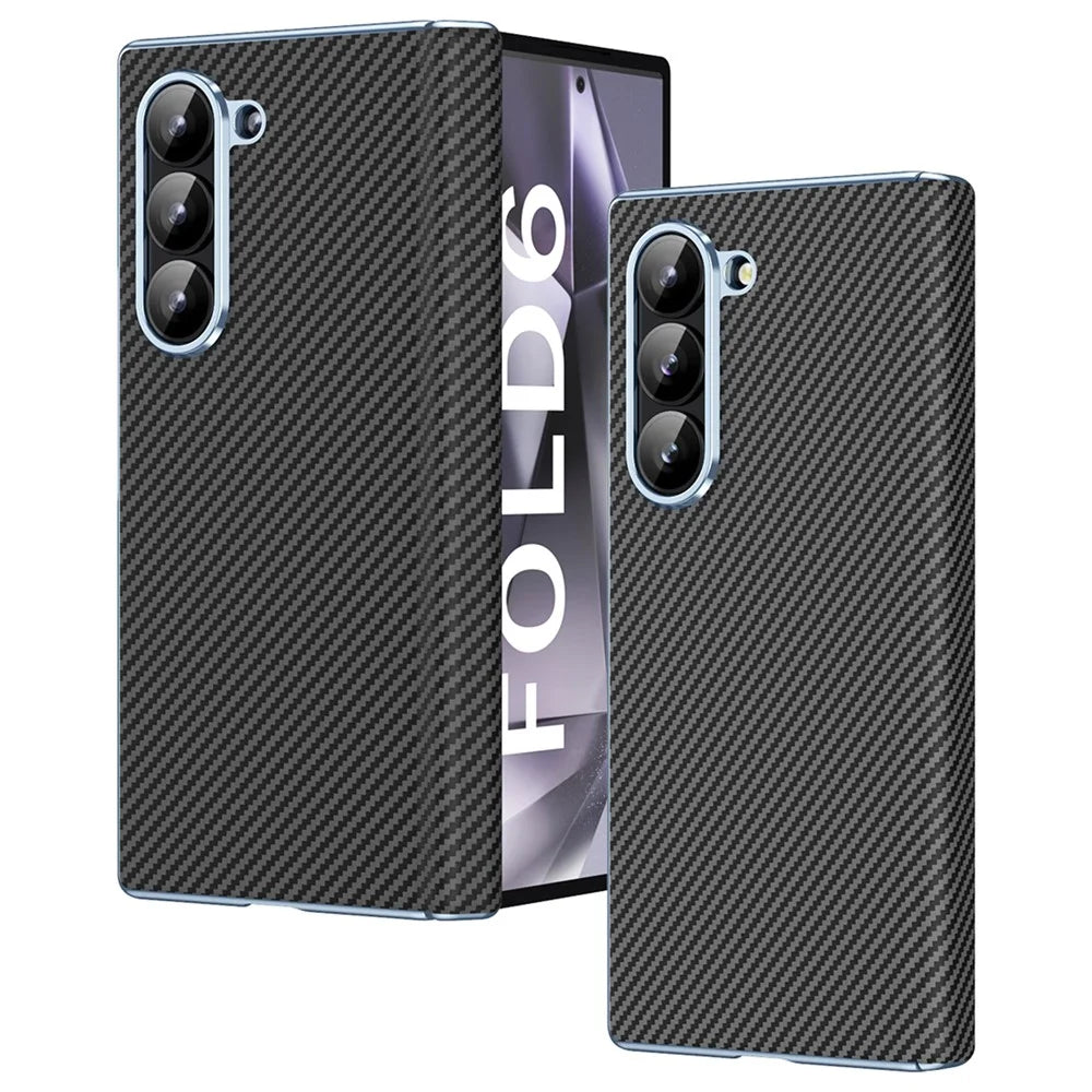 For Samsung Galaxy Z Fold6 5G Phone Case Electroplating Lens Carbon Fiber Texture PC Cover - Black - 1