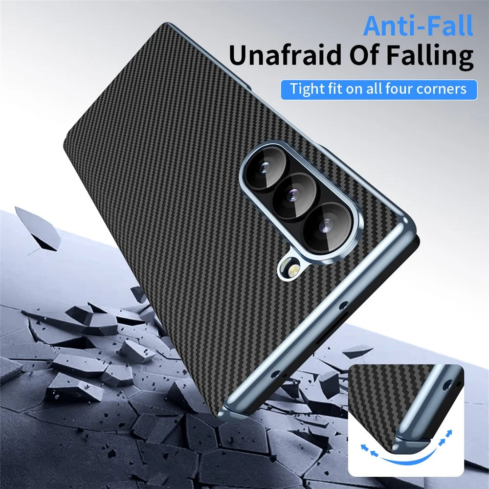 For Samsung Galaxy Z Fold6 5G Phone Case Electroplating Lens Carbon Fiber Texture PC Cover - Black - 7
