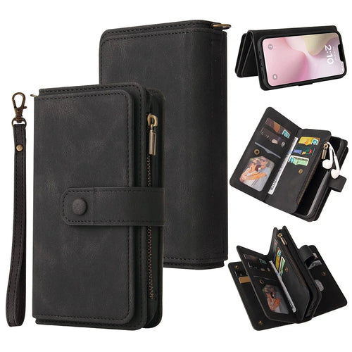 For iPhone 17e / 16e Zipper Wallet Case with 15 Card Slots and Strap Leather Phone Cover - Black - 1