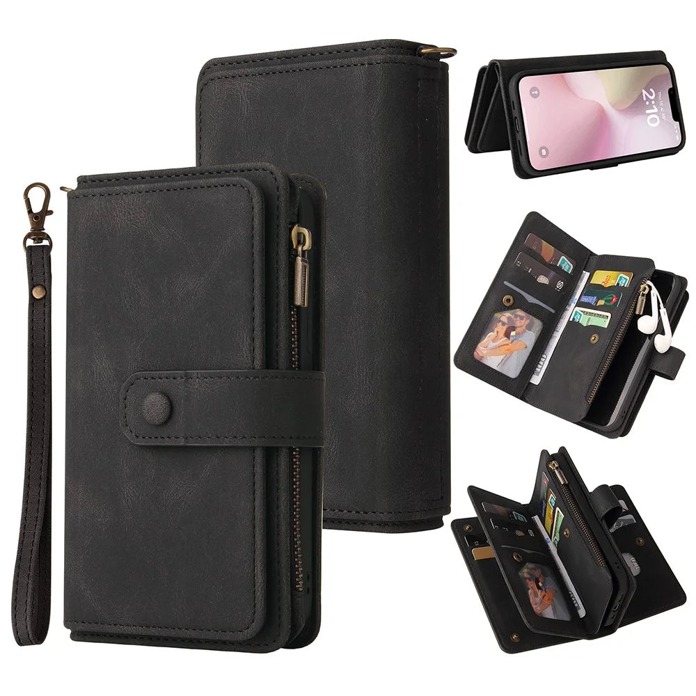 For iPhone 17e / 16e Zipper Wallet Case with 15 Card Slots and Strap Leather Phone Cover - Black - 1