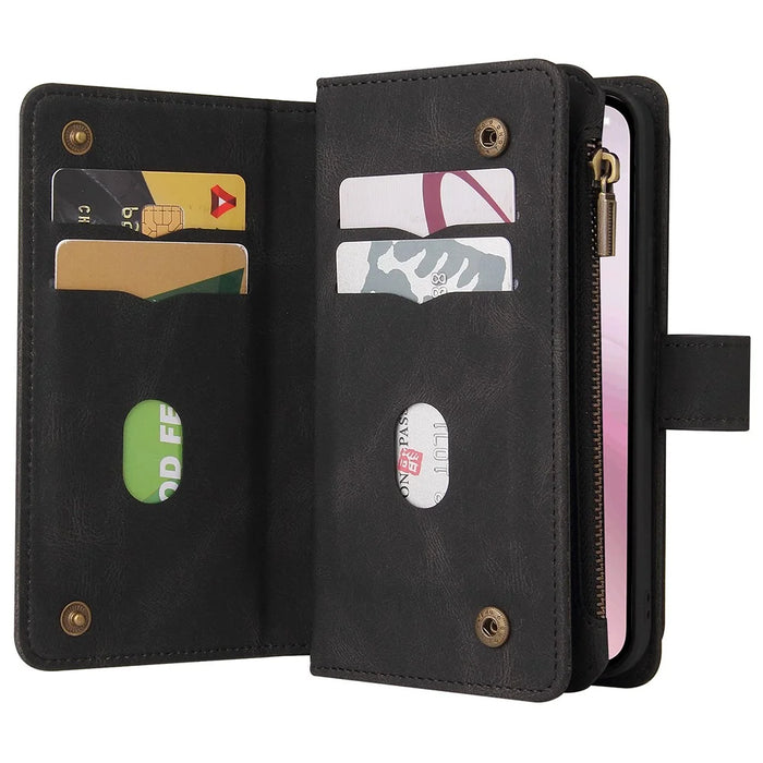 For iPhone 17e / 16e Zipper Wallet Case with 15 Card Slots and Strap Leather Phone Cover - Black - 2