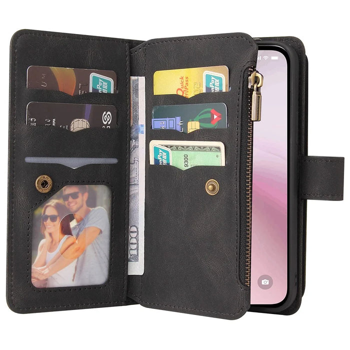 For iPhone 17e / 16e Zipper Wallet Case with 15 Card Slots and Strap Leather Phone Cover - Black - 3
