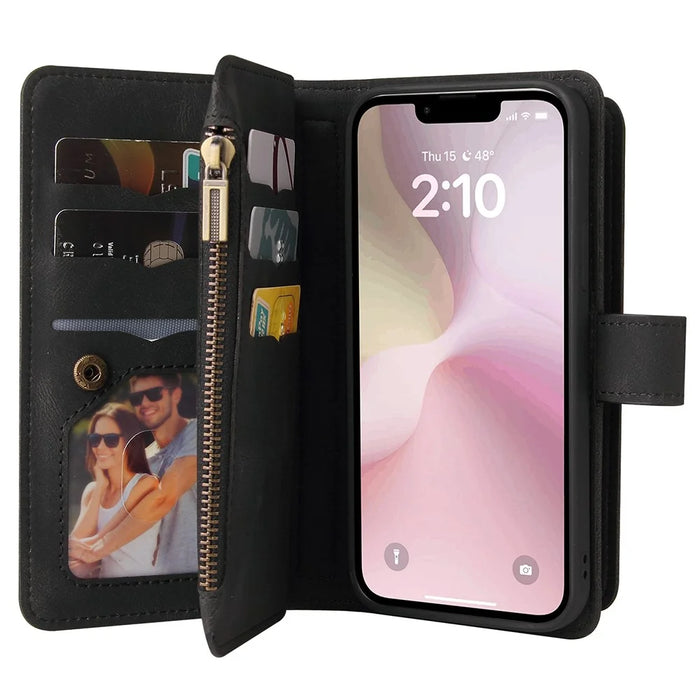 For iPhone 17e / 16e Zipper Wallet Case with 15 Card Slots and Strap Leather Phone Cover - Black - 4