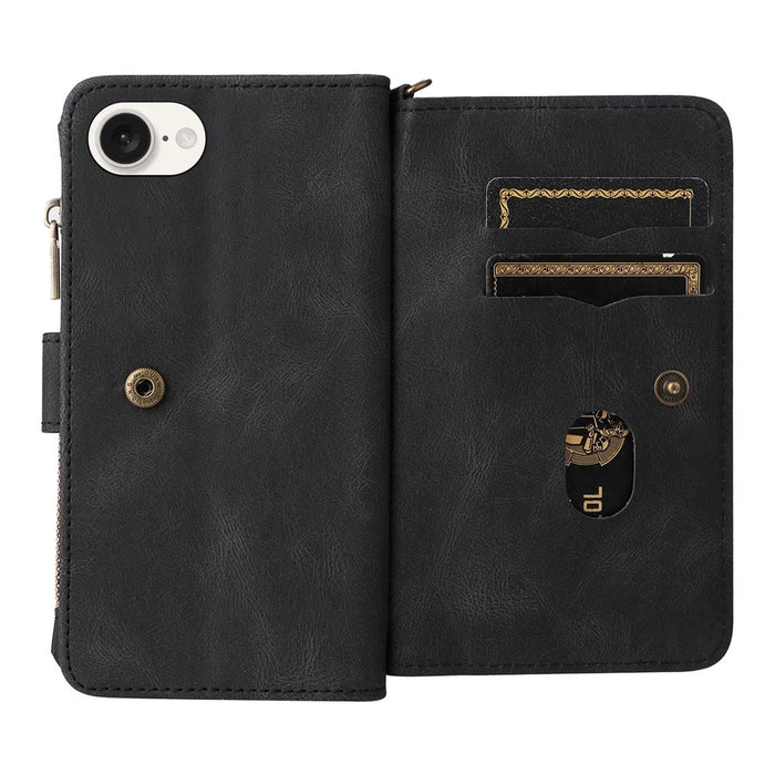 For iPhone 17e / 16e Zipper Wallet Case with 15 Card Slots and Strap Leather Phone Cover - Black - 5
