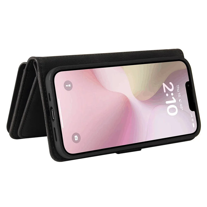For iPhone 17e / 16e Zipper Wallet Case with 15 Card Slots and Strap Leather Phone Cover - Black - 6