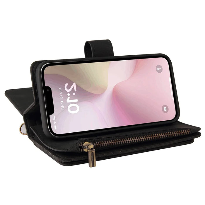 For iPhone 17e / 16e Zipper Wallet Case with 15 Card Slots and Strap Leather Phone Cover - Black - 7