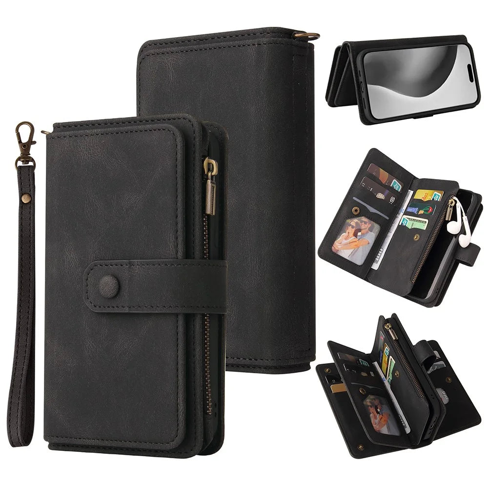 For iPhone 16 Pro Max Zipper Wallet Case with 15 Card Slots and Strap Leather Phone Cover - Black - 1