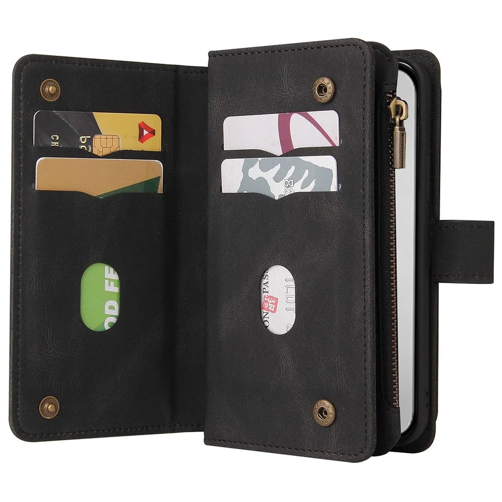 For iPhone 16 Pro Max Zipper Wallet Case with 15 Card Slots and Strap Leather Phone Cover - Black - 2
