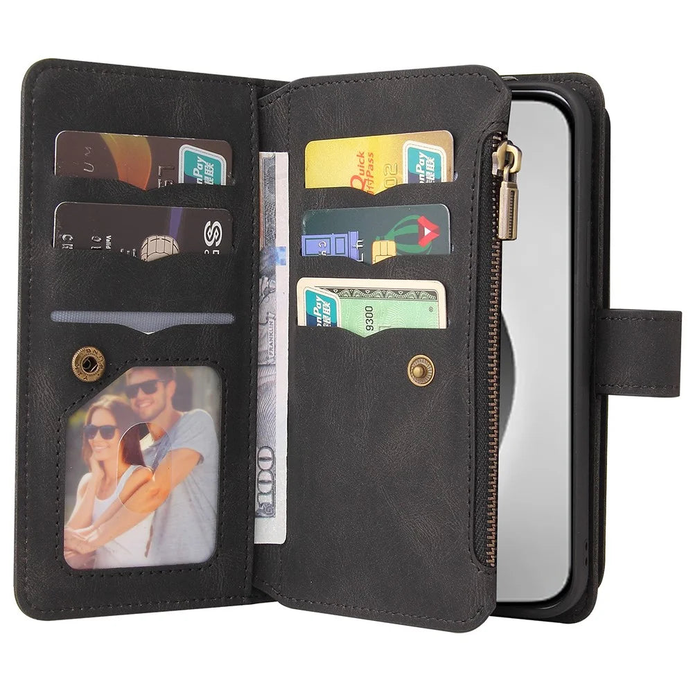 For iPhone 16 Pro Max Zipper Wallet Case with 15 Card Slots and Strap Leather Phone Cover - Black - 3
