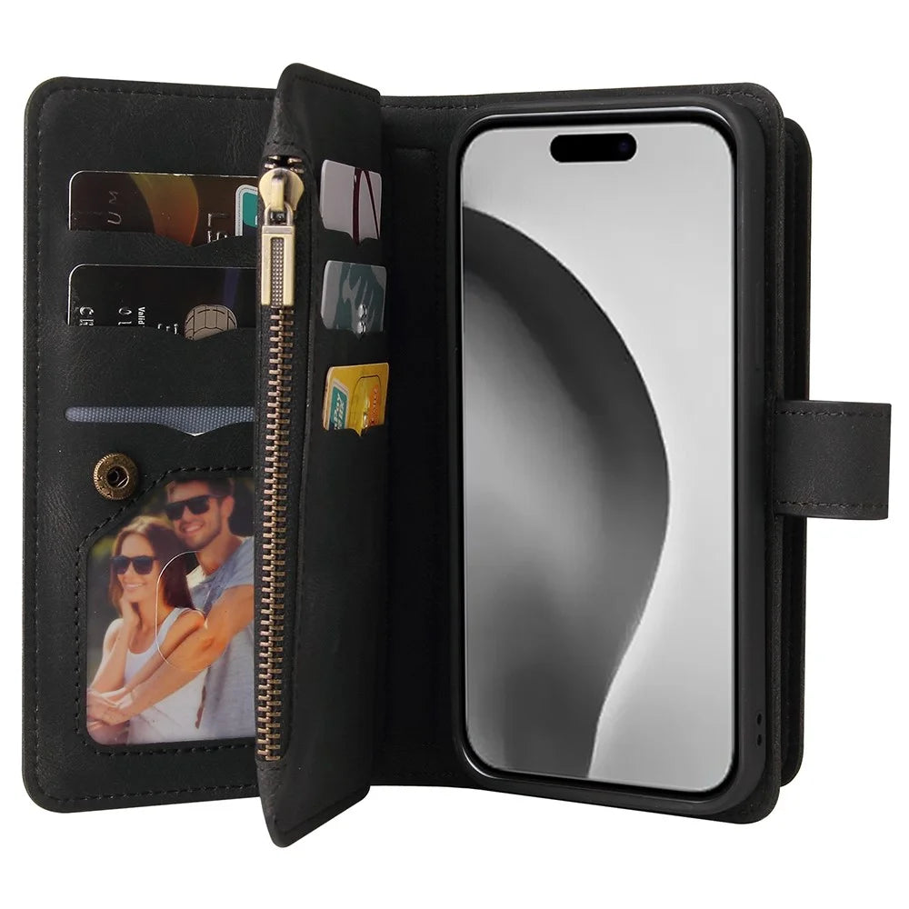 For iPhone 16 Pro Max Zipper Wallet Case with 15 Card Slots and Strap Leather Phone Cover - Black - 4