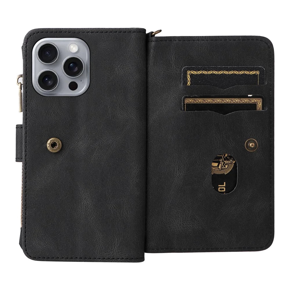 For iPhone 16 Pro Max Zipper Wallet Case with 15 Card Slots and Strap Leather Phone Cover - Black - 5