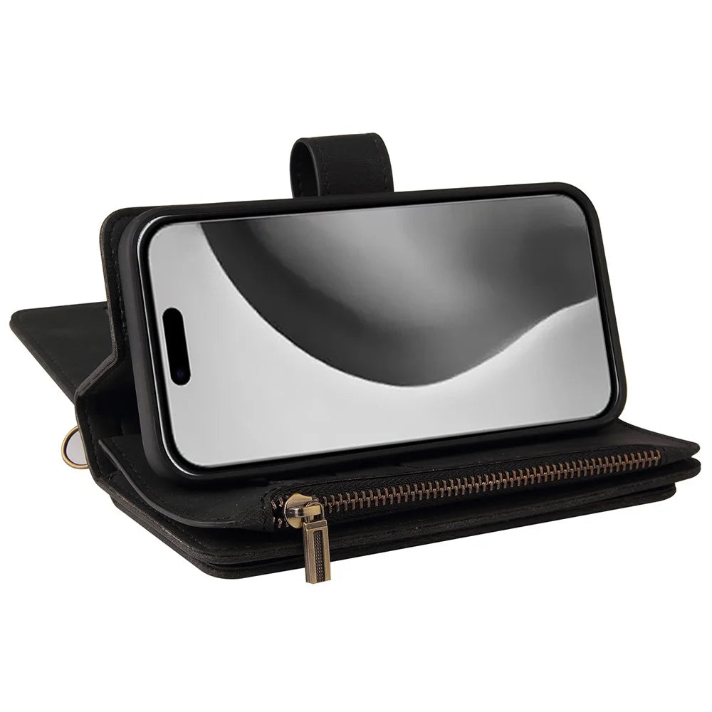 For iPhone 16 Pro Max Zipper Wallet Case with 15 Card Slots and Strap Leather Phone Cover - Black - 7