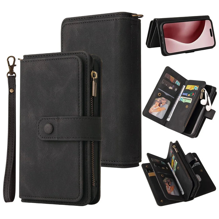 For iPhone 16 Pro Zipper Wallet Case with 15 Card Slots and Strap Leather Phone Cover - Black - 1