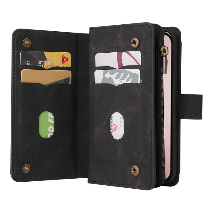 For iPhone 16 Pro Zipper Wallet Case with 15 Card Slots and Strap Leather Phone Cover - Black - 2