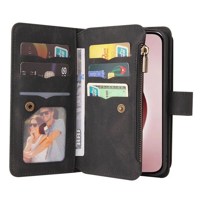 For iPhone 16 Pro Zipper Wallet Case with 15 Card Slots and Strap Leather Phone Cover - Black - 3