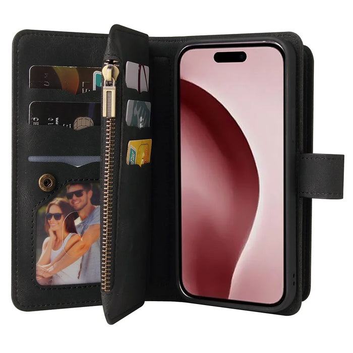For iPhone 16 Pro Zipper Wallet Case with 15 Card Slots and Strap Leather Phone Cover - Black - 4