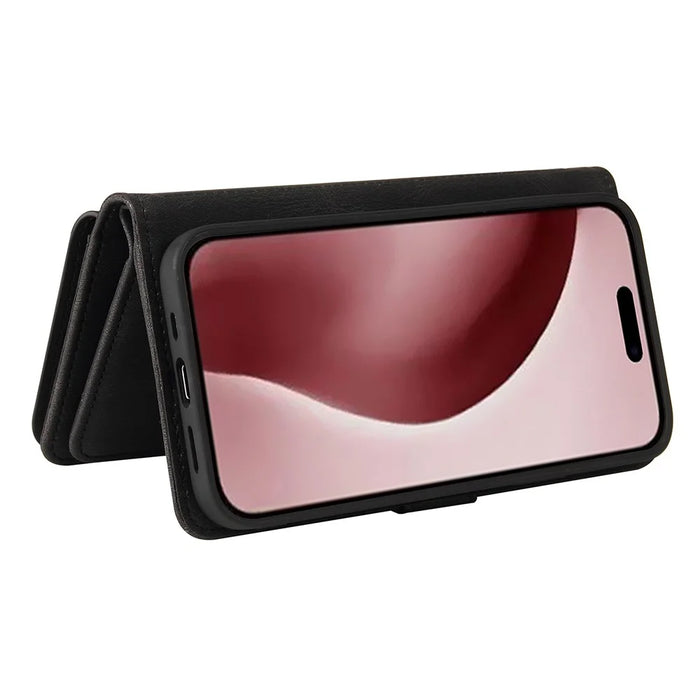 For iPhone 16 Pro Zipper Wallet Case with 15 Card Slots and Strap Leather Phone Cover - Black - 6