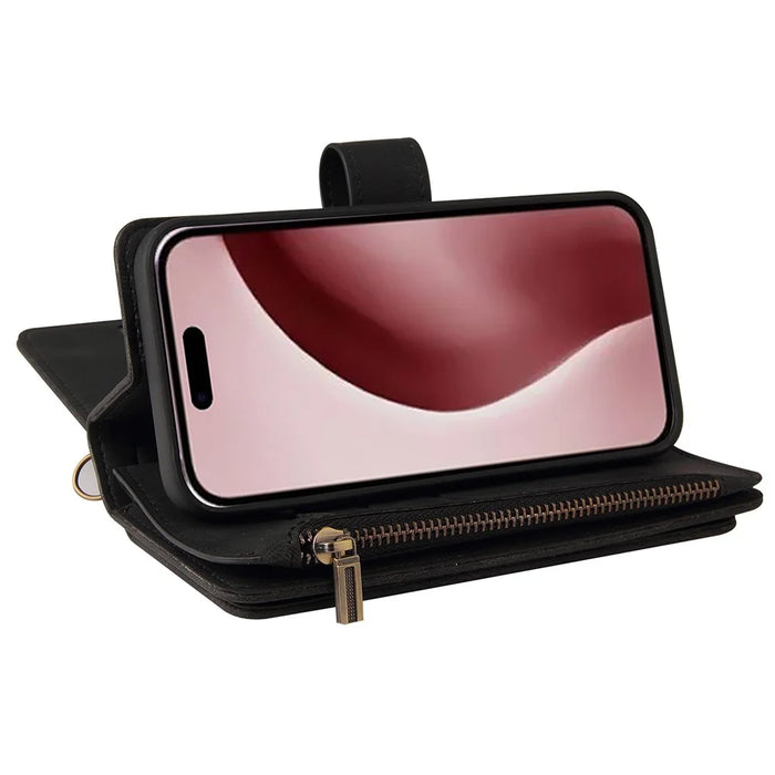 For iPhone 16 Pro Zipper Wallet Case with 15 Card Slots and Strap Leather Phone Cover - Black - 7