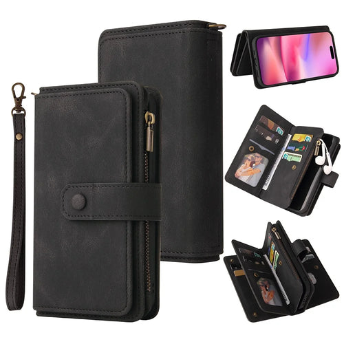 For iPhone 16 Zipper Wallet Case with 15 Card Slots and Strap Leather Phone Cover - Black - 1
