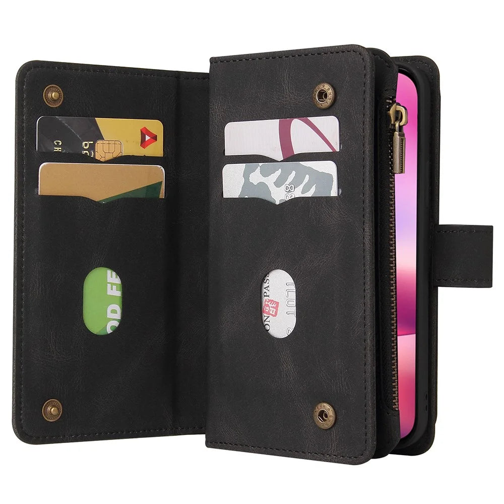 For iPhone 16 Zipper Wallet Case with 15 Card Slots and Strap Leather Phone Cover - Black - 2