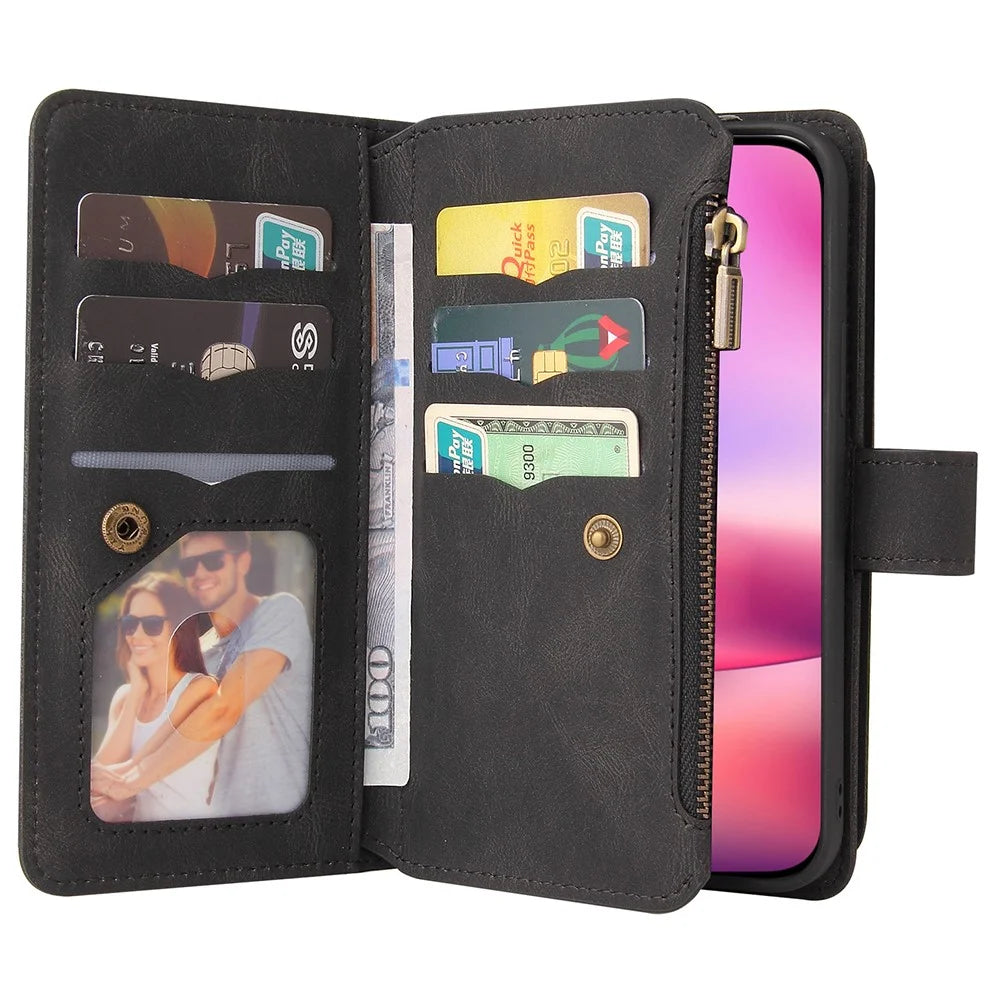 For iPhone 16 Zipper Wallet Case with 15 Card Slots and Strap Leather Phone Cover - Black - 3