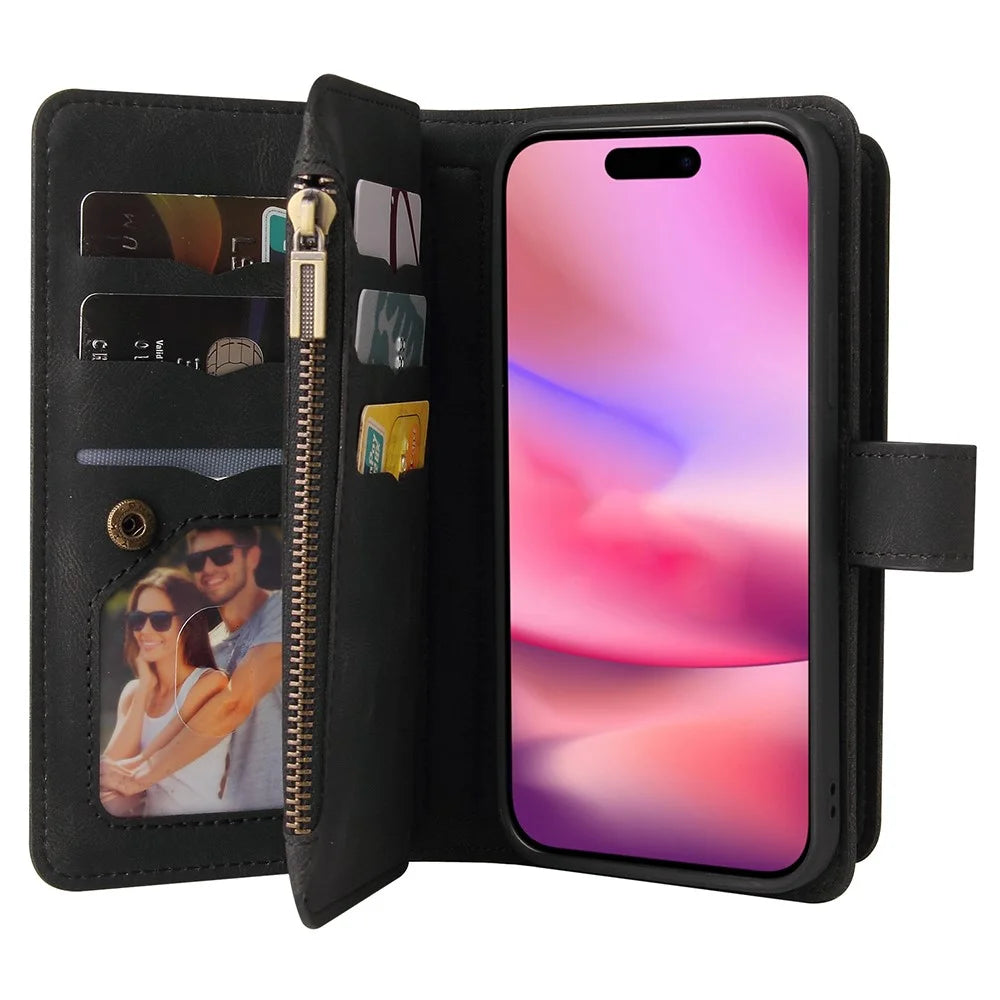 For iPhone 16 Zipper Wallet Case with 15 Card Slots and Strap Leather Phone Cover - Black - 4