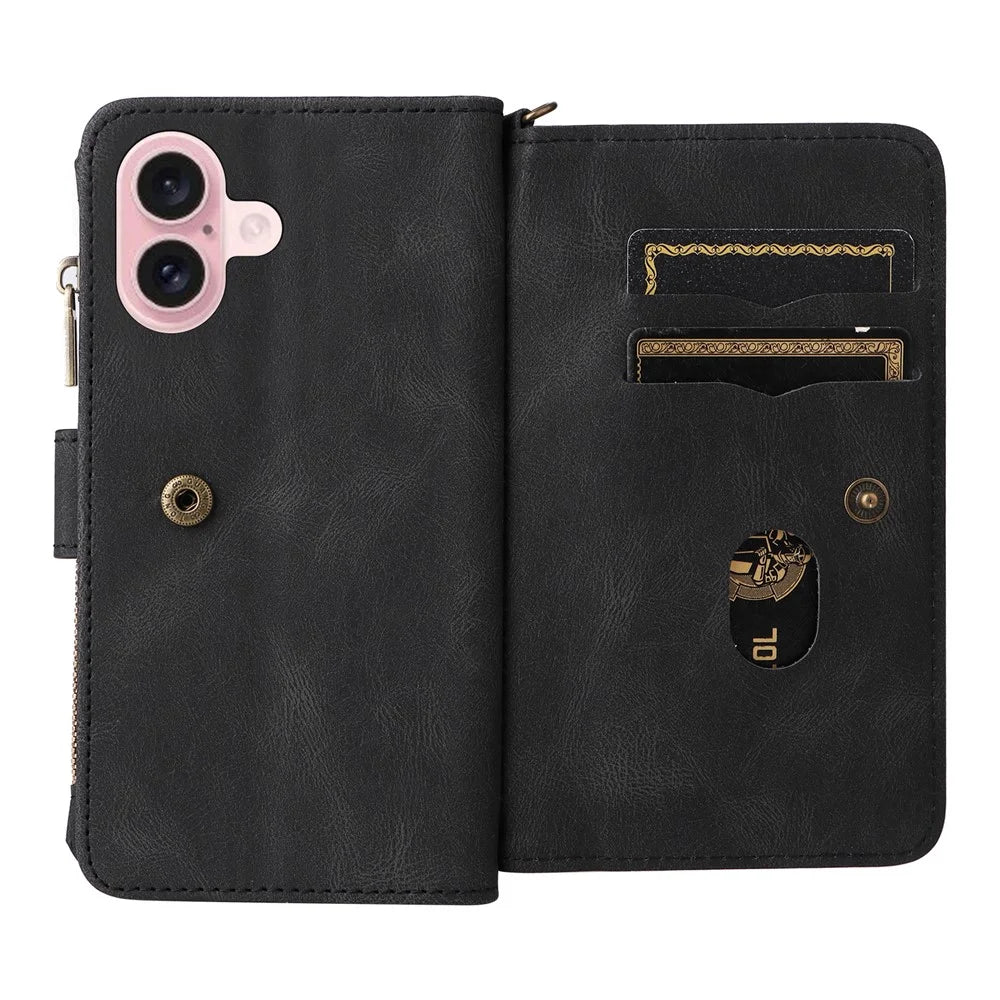 For iPhone 16 Zipper Wallet Case with 15 Card Slots and Strap Leather Phone Cover - Black - 5
