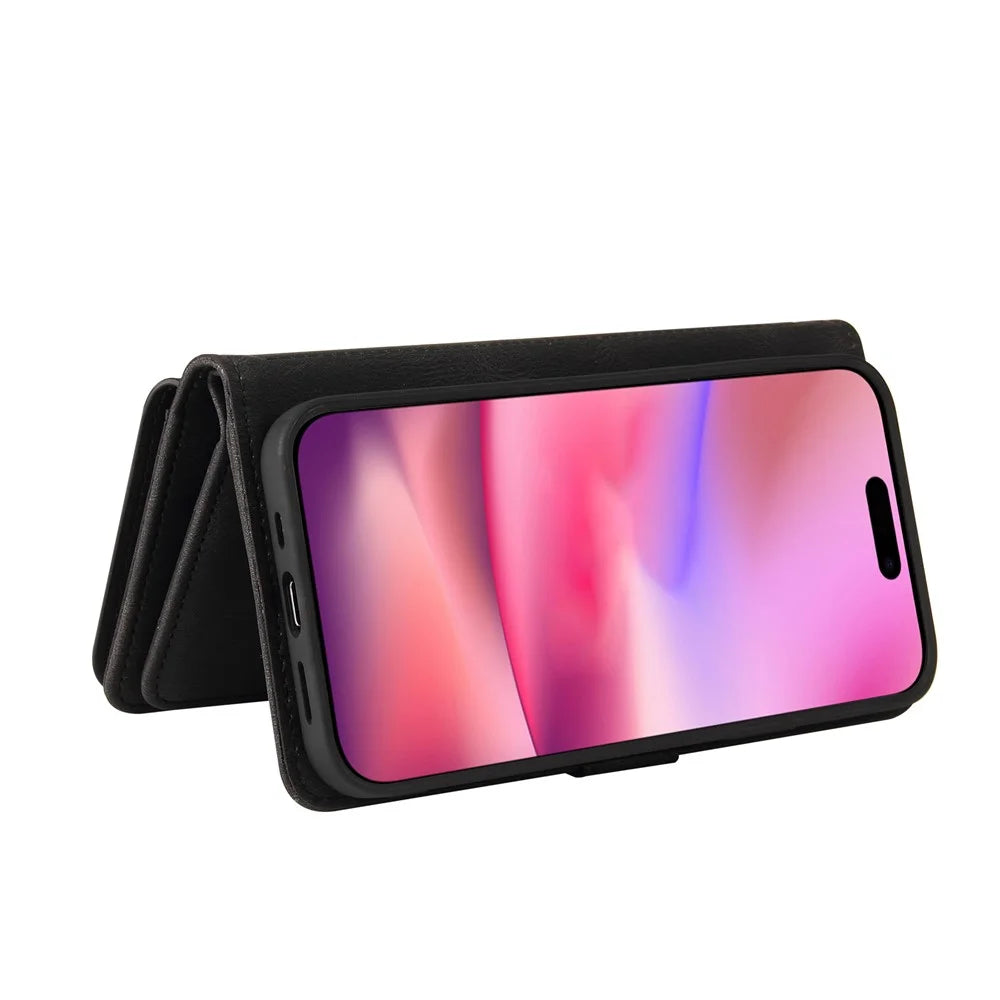 For iPhone 16 Zipper Wallet Case with 15 Card Slots and Strap Leather Phone Cover - Black - 6