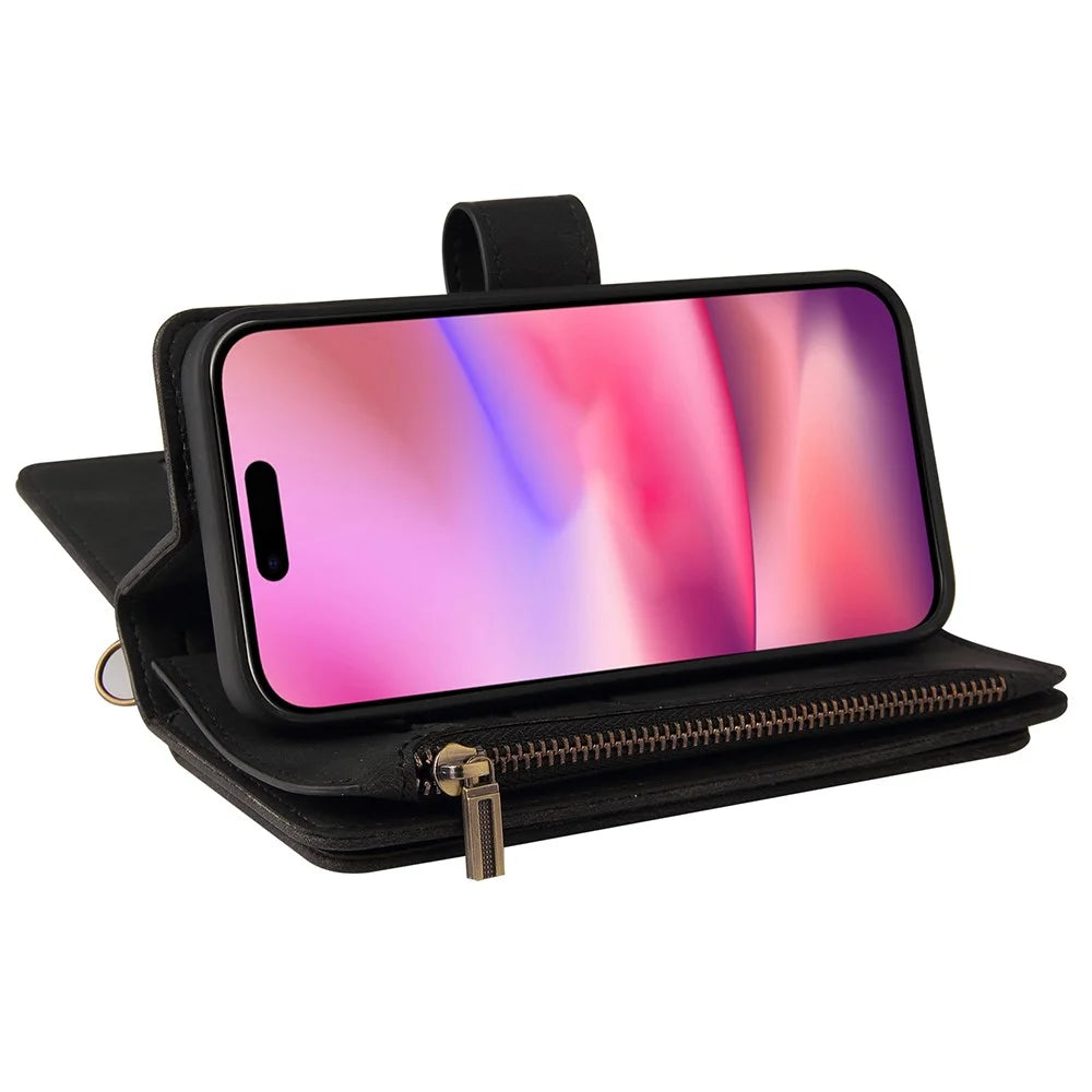 For iPhone 16 Zipper Wallet Case with 15 Card Slots and Strap Leather Phone Cover - Black - 7