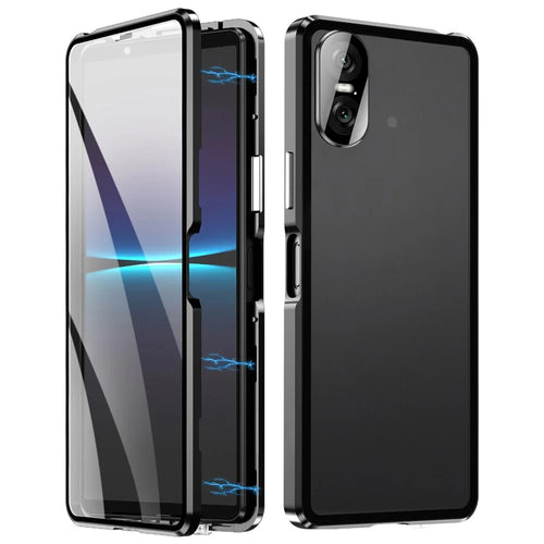 For Sony Xperia 10 VI Tempered Glass Case Metal Frame Clear PC Back Magnetic Phone Cover - Black - 1