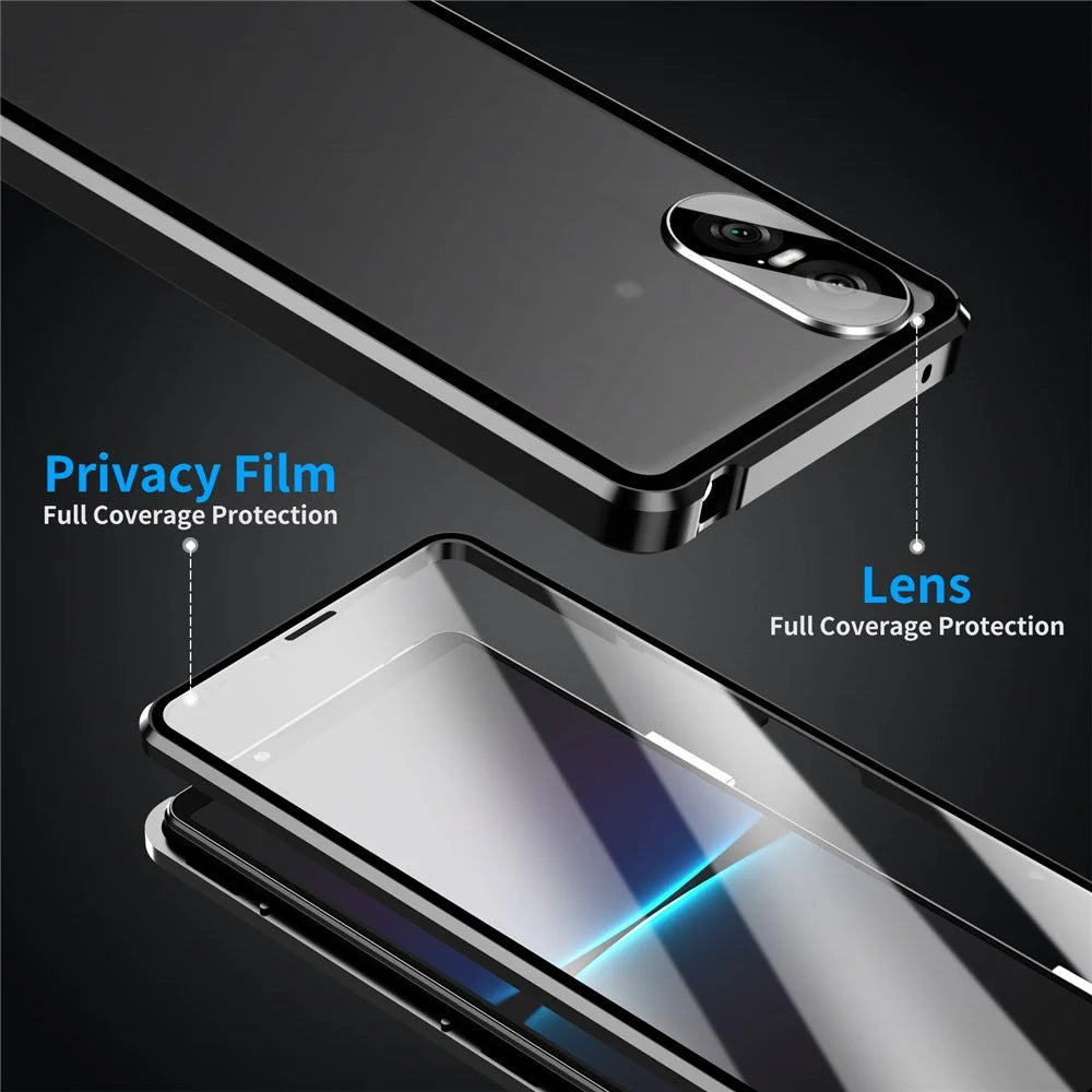 For Sony Xperia 10 VI Tempered Glass Case Metal Frame Clear PC Back Magnetic Phone Cover - Black - 5