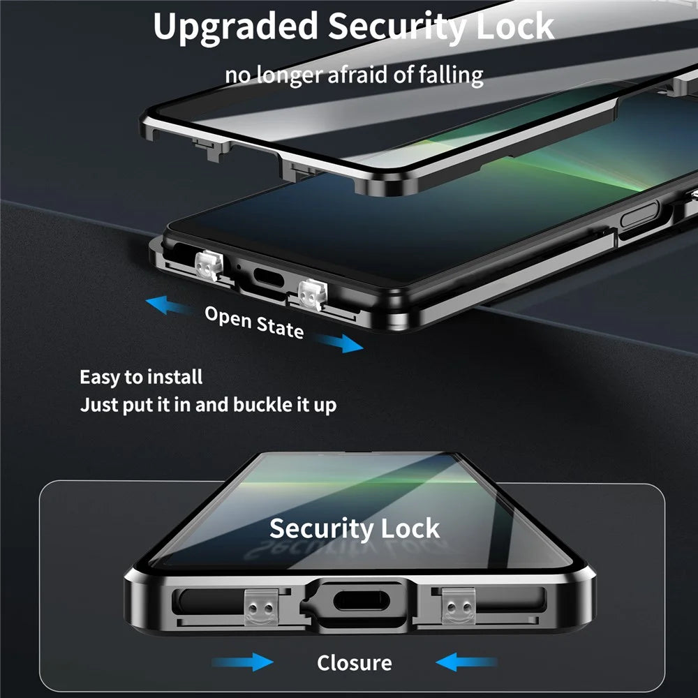For Sony Xperia 10 VI Tempered Glass Case Metal Frame Clear PC Back Magnetic Phone Cover - Black - 6