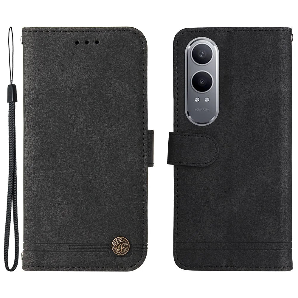 For OnePlus Nord CE4 Lite 5G / Oppo K12x 5G (China) Leather Wallet Cases Skin Touch Phone Cover Stand with Strap - Black - 1