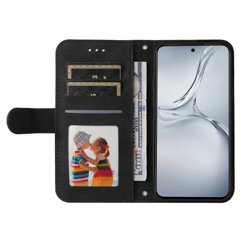 For OnePlus Nord CE4 Lite 5G / Oppo K12x 5G (China) Leather Wallet Cases Skin Touch Phone Cover Stand with Strap - Black - 2